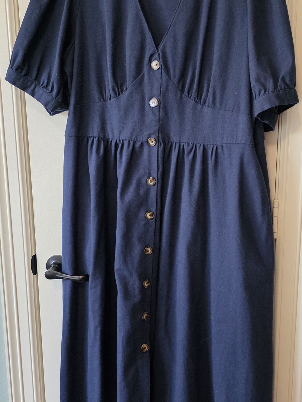 City Chic Navy Button-Down Puff Sleeve Dress